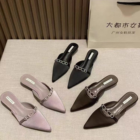 Women's French Style Satin Slide Sandals, Sparkling Rhinestone Embellished Pointed Toe Low Heel Slip-On Mules, 2025 Summer New Collection, High-end Outdoor Wear
